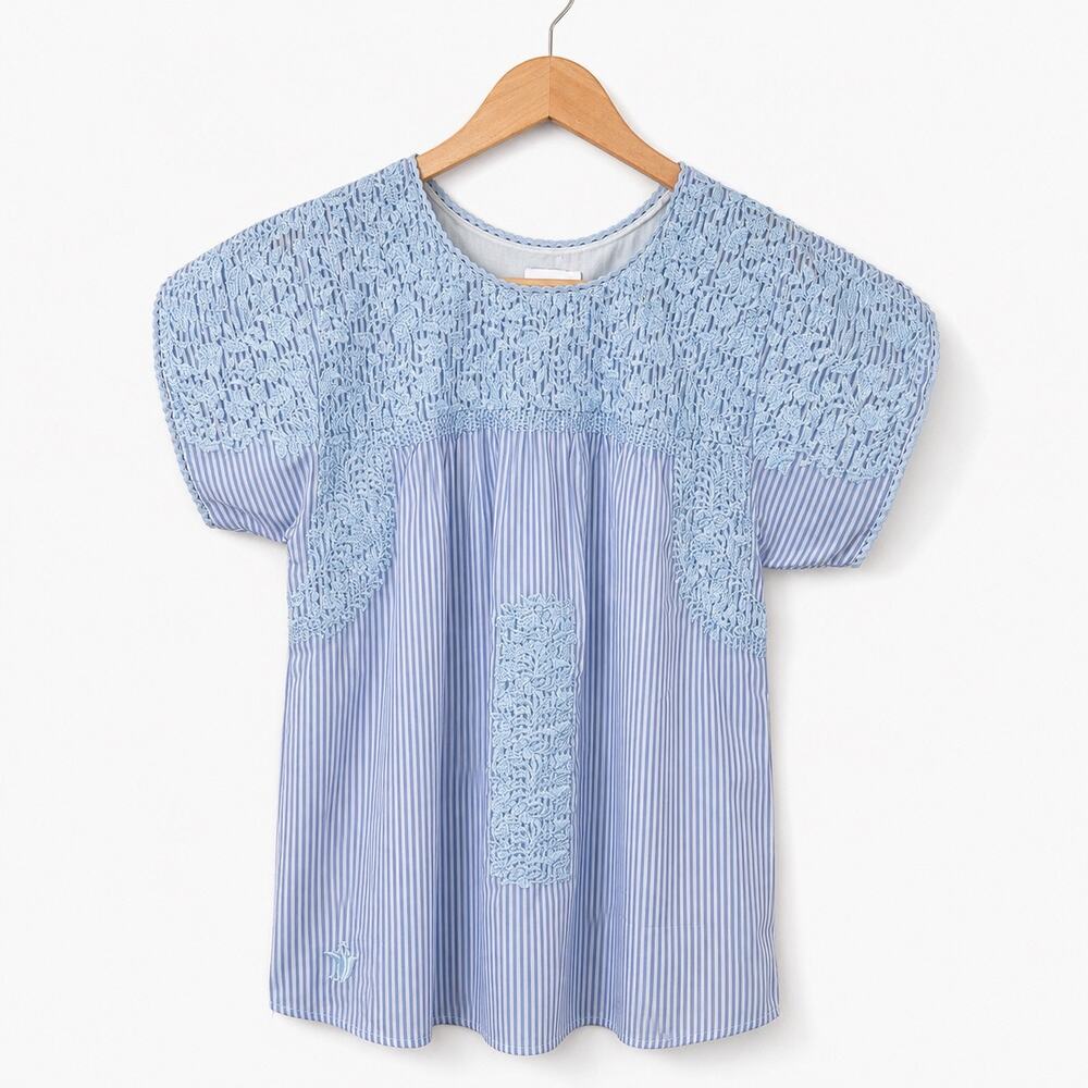 J Marie Jaime Top Small Blue White Stripe Embroidered Lace Short Sleeve Blouse
